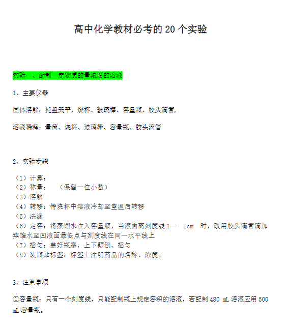 备战2020高考高中常考的20个化学实验